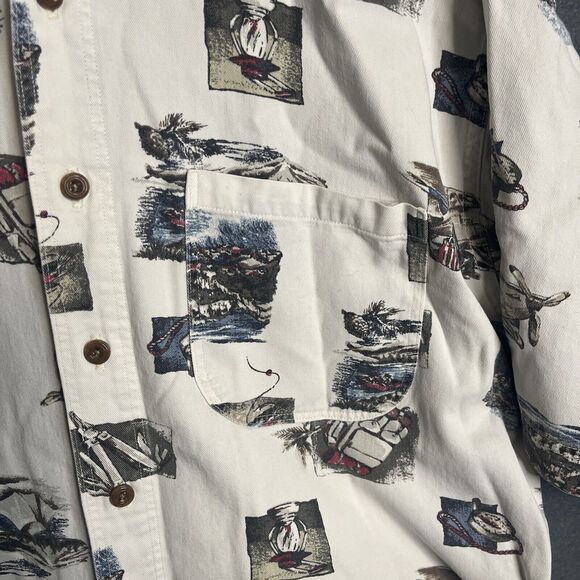 Woolrich Button Up Shirt Mens Large White Camping All Over Print AOP Outdoors - Picture 2 of 9